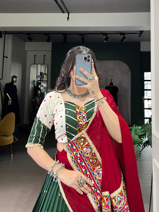 Green Chiffon Sequins And Thread Embroidery Work Navaratri Lehenga Choli