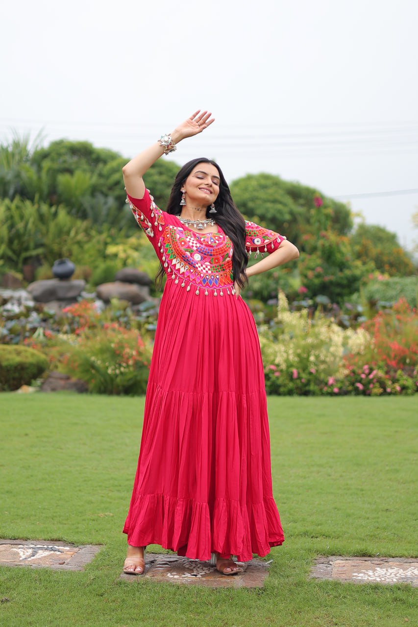 Pink Desiger Reyon With Kutchi Gamthi Work Navratri Gown
