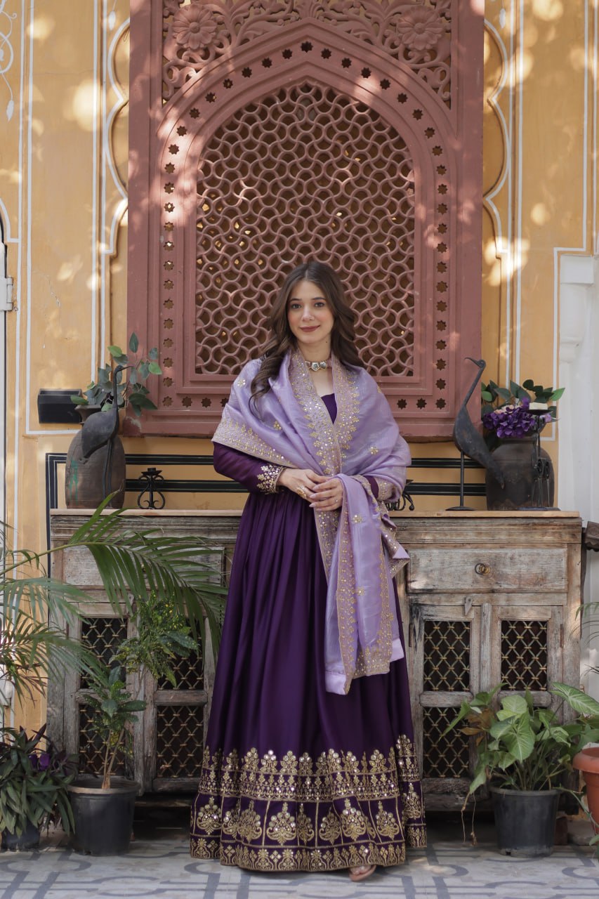 Purple Embroidery Zari Sequins Fancy Neck Work Gown