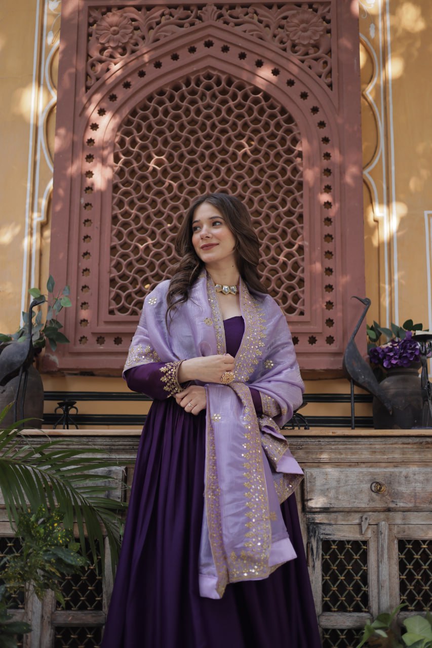 Purple Embroidery Zari Sequins Fancy Neck Work Gown