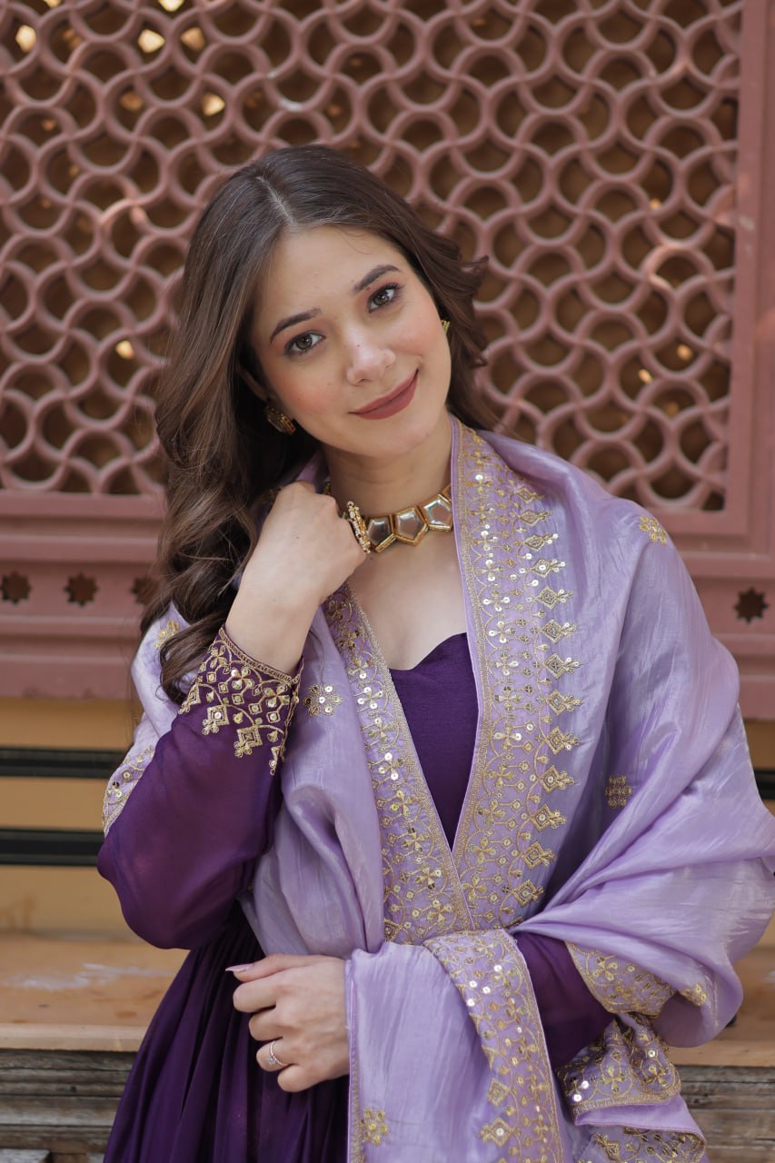 Purple Embroidery Zari Sequins Fancy Neck Work Gown