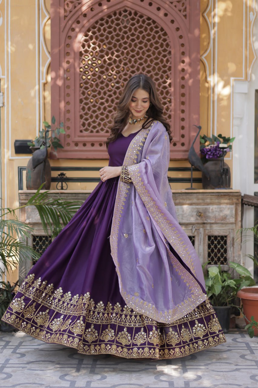 Purple Embroidery Zari Sequins Fancy Neck Work Gown