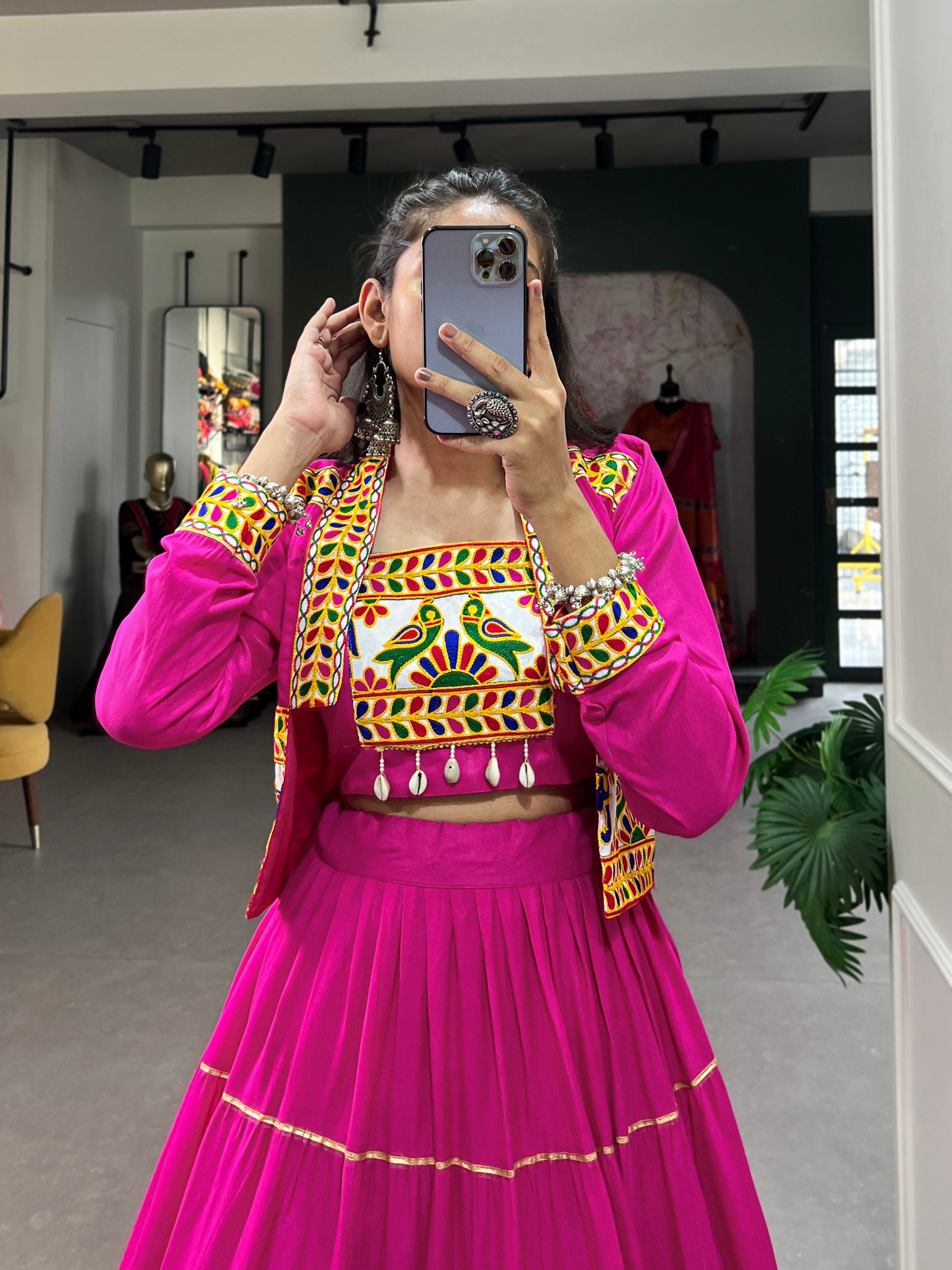 Pink Pure Rayon Plain And Gamthi With Kodi Work Navaratri Lehenga Choli