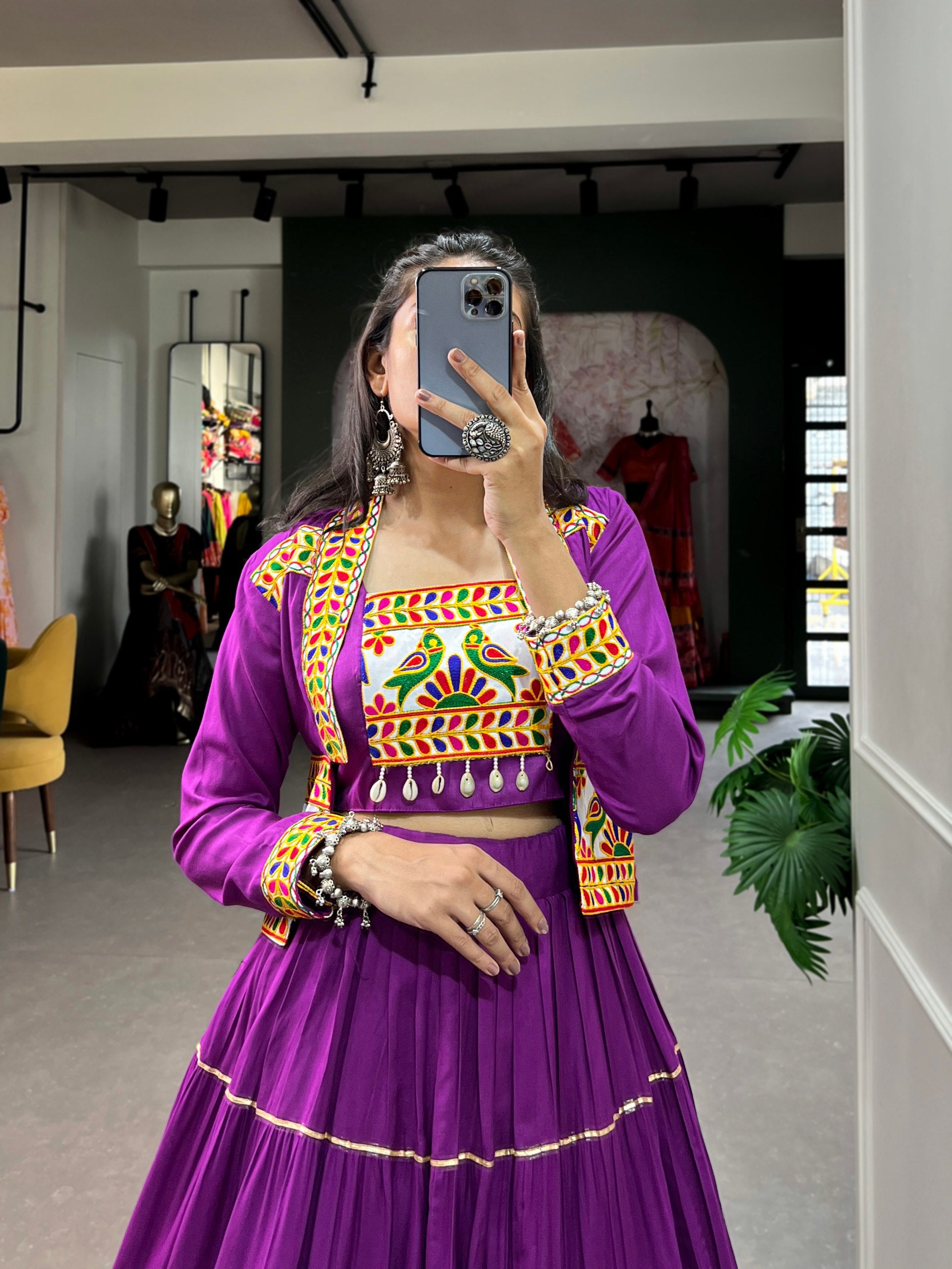 Purple Pure Rayon Plain And Gamthi With Kodi Work Navaratri Lehenga Choli