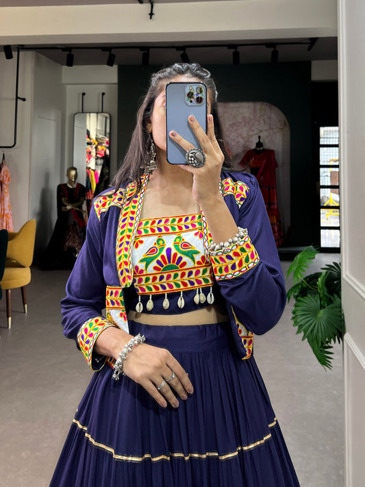 Navy Blue Pure Rayon Plain And Gamthi With Kodi Work Navaratri Lehenga Choli