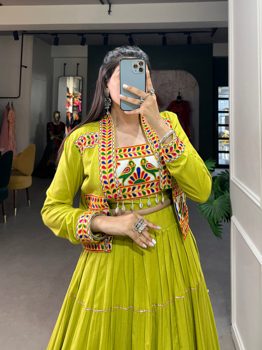 Parrot Pure Rayon Plain And Gamthi With Kodi Work Navaratri Lehenga Choli