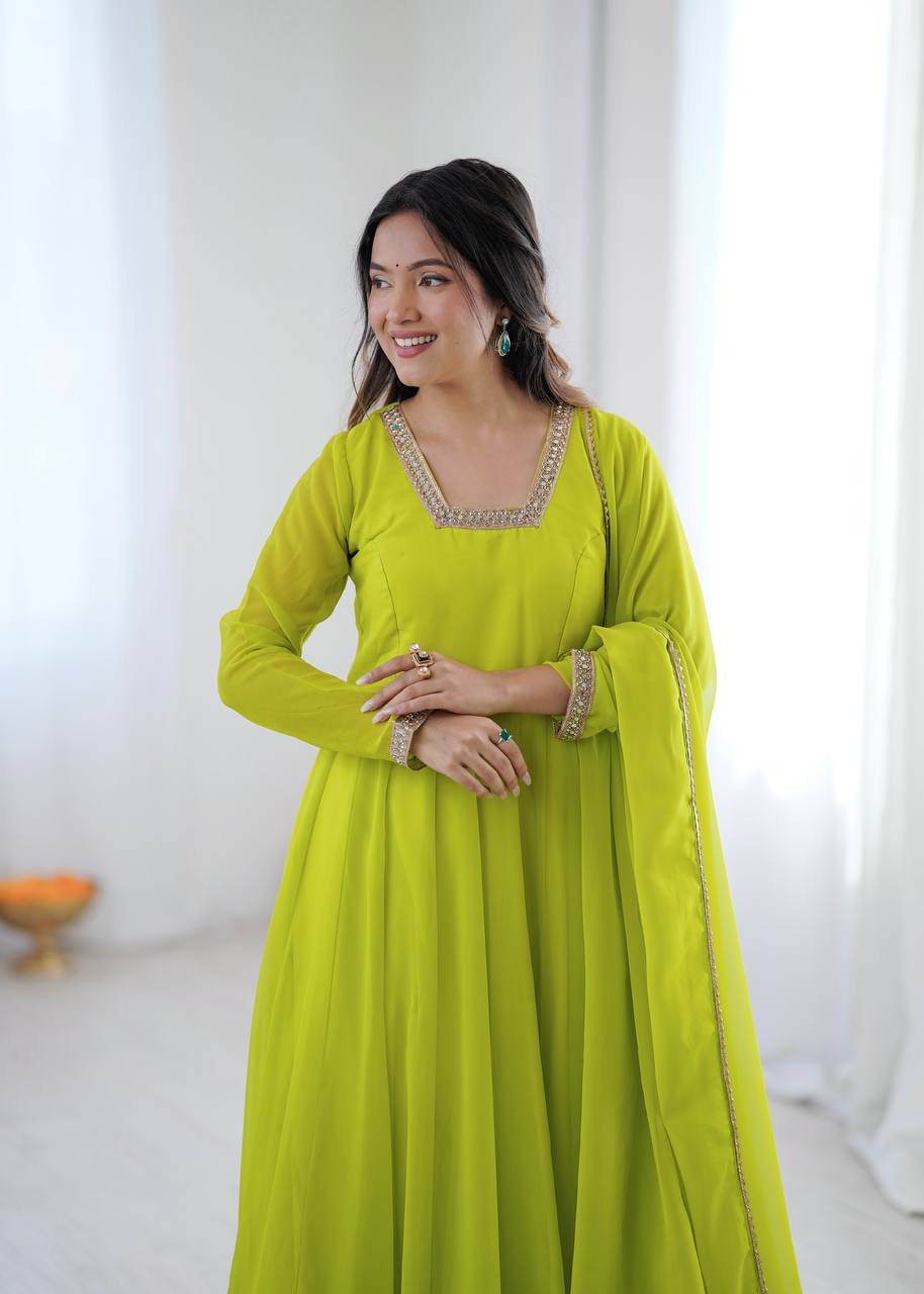 Lime Green Pure Fox Georgette Kalicut Anarkali Suit with Embroidered Neckline