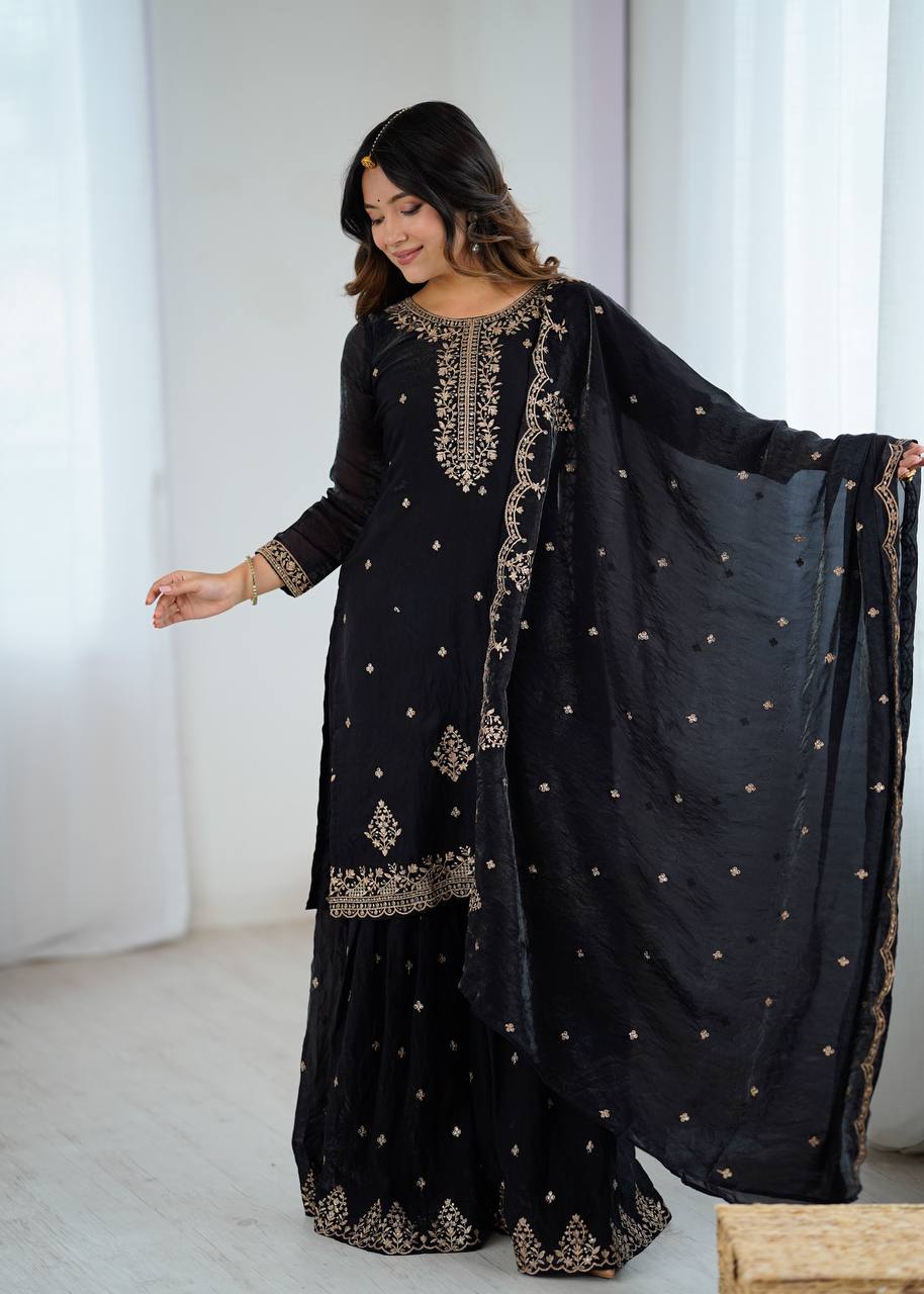Black Georgette Lukhnowi Sequence Work Anarkali Salwar Sharara Suit