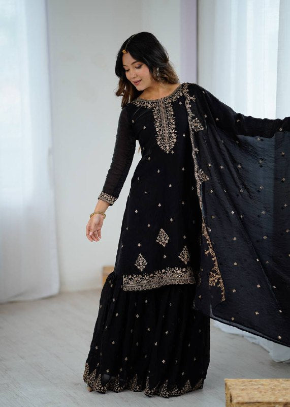 Black Georgette Lukhnowi Sequence Work Anarkali Salwar Sharara Suit