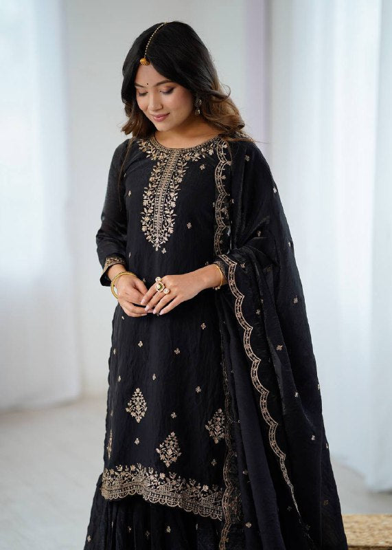 Black Georgette Lukhnowi Sequence Work Anarkali Salwar Sharara Suit