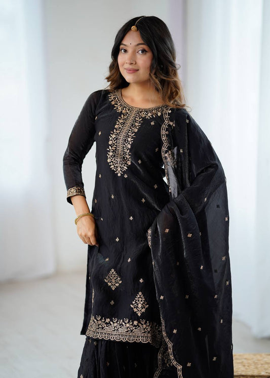Black Georgette Lukhnowi Sequence Work Anarkali Salwar Sharara Suit