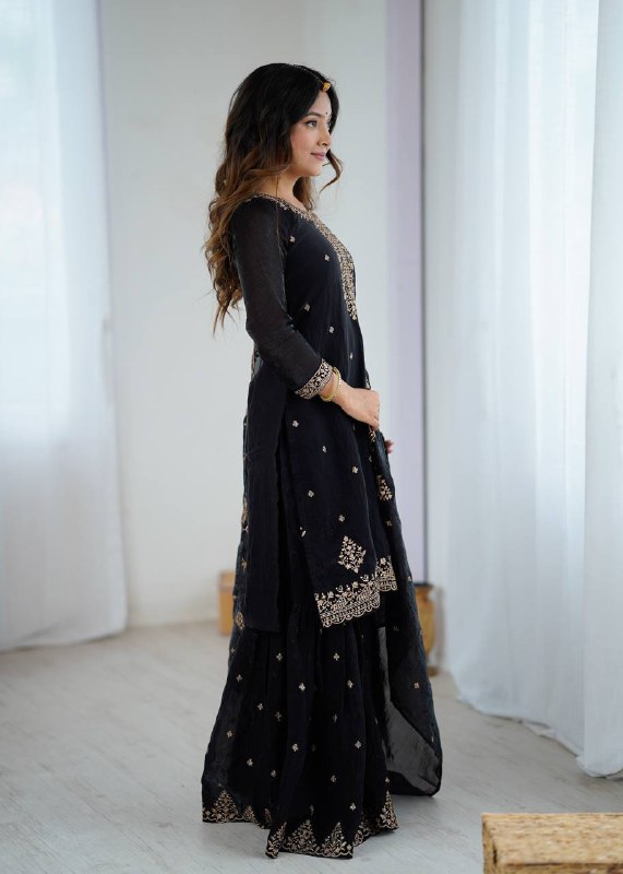 Black Georgette Lukhnowi Sequence Work Anarkali Salwar Sharara Suit