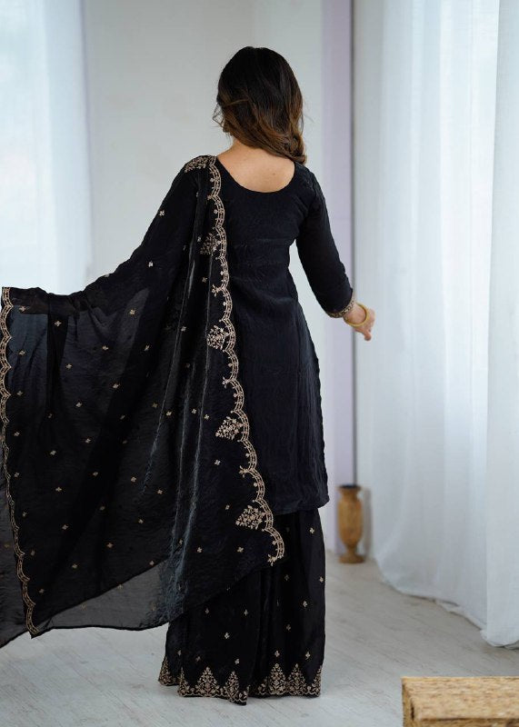Black Georgette Lukhnowi Sequence Work Anarkali Salwar Sharara Suit