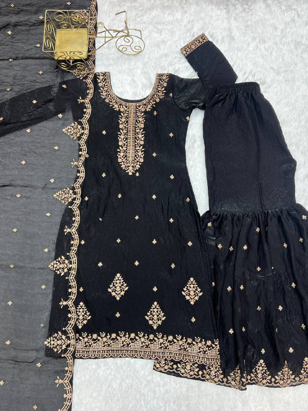 Black Georgette Lukhnowi Sequence Work Anarkali Salwar Sharara Suit