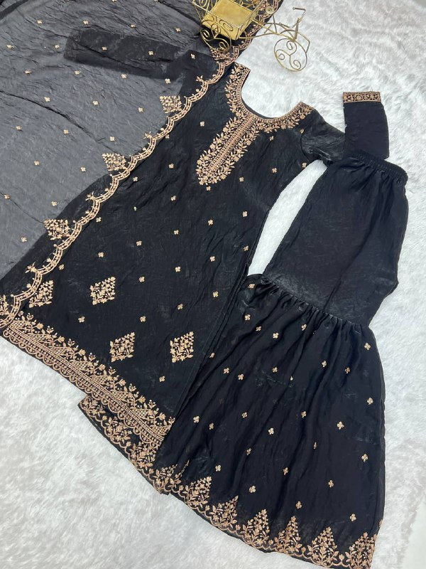 Black Georgette Lukhnowi Sequence Work Anarkali Salwar Sharara Suit