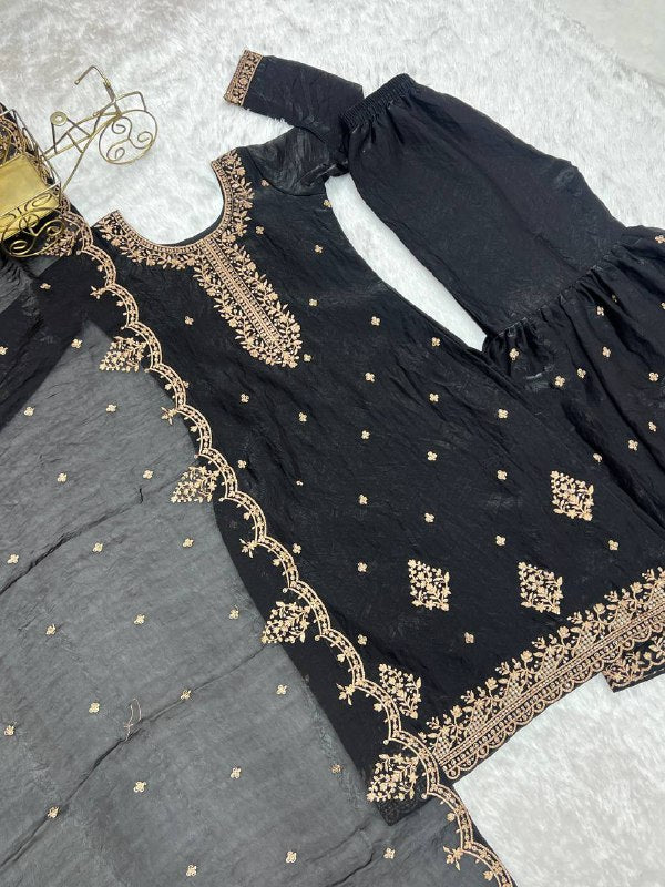Black Georgette Lukhnowi Sequence Work Anarkali Salwar Sharara Suit