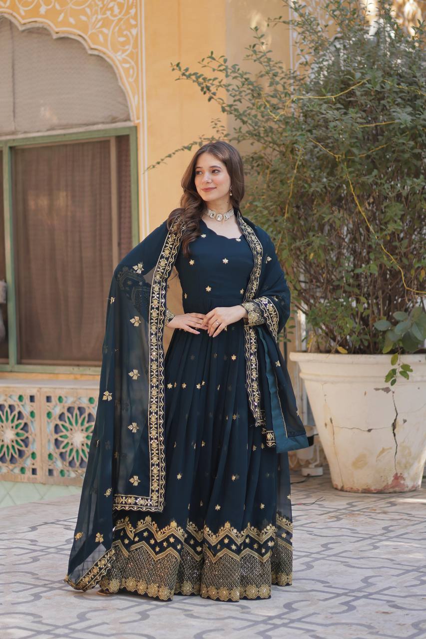 Teal Blue Faux Blooming Georgette With Zari Sequins Embroidery Gown