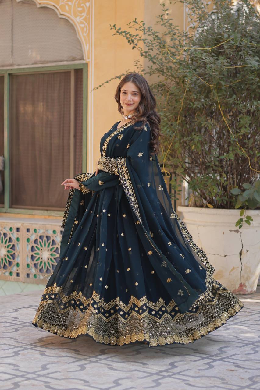 Teal Blue Faux Blooming Georgette With Zari Sequins Embroidery Gown