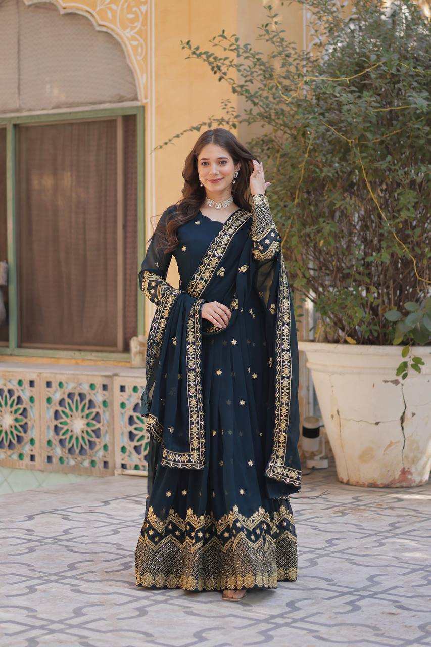Teal Blue Faux Blooming Georgette With Zari Sequins Embroidery Gown