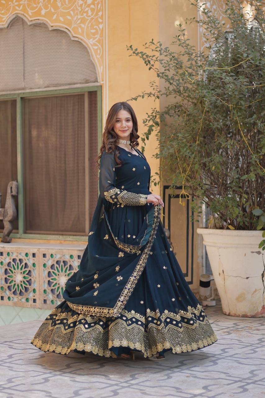 Teal Blue Faux Blooming Georgette With Zari Sequins Embroidery Gown