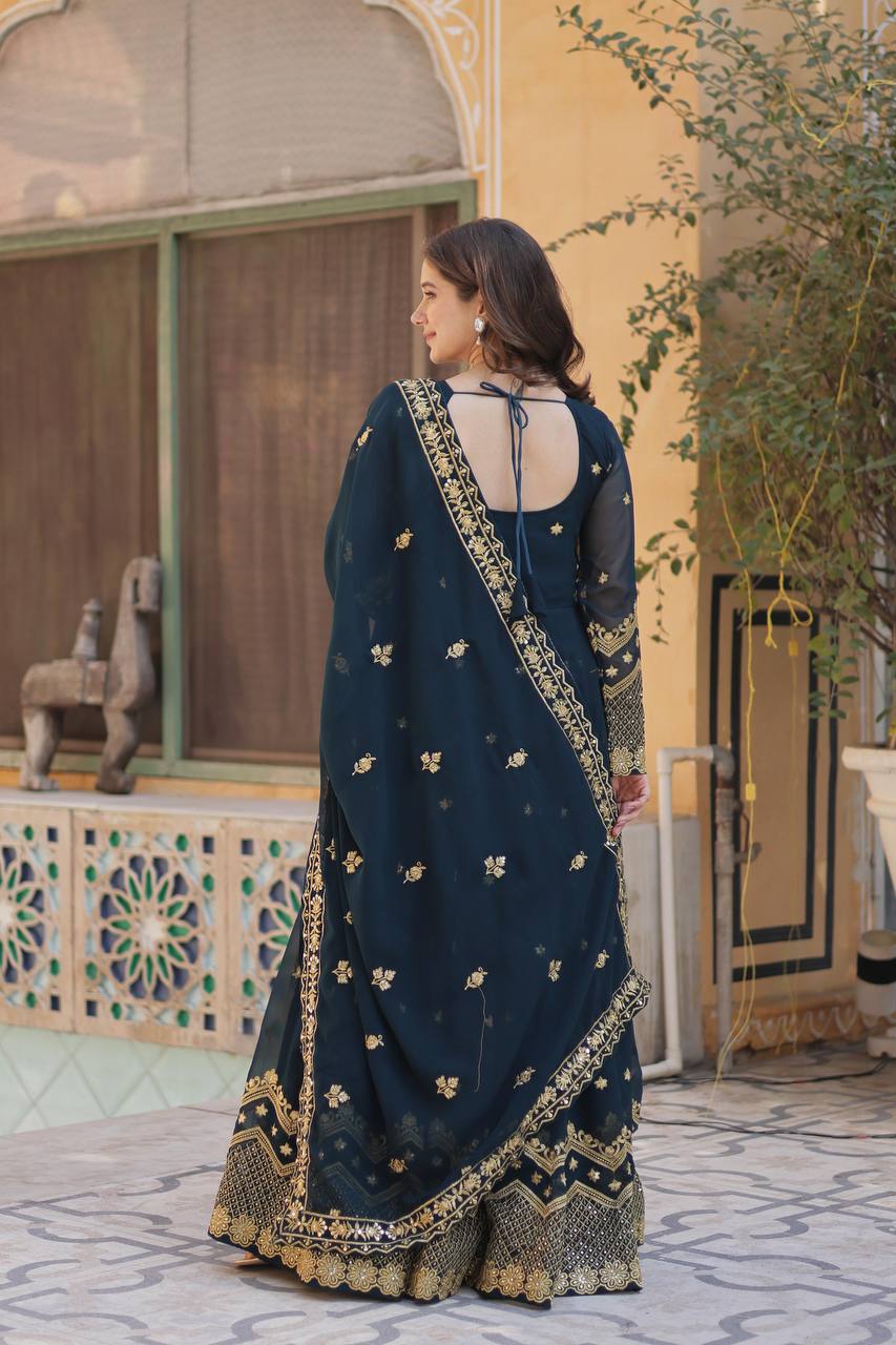 Teal Blue Faux Blooming Georgette With Zari Sequins Embroidery Gown