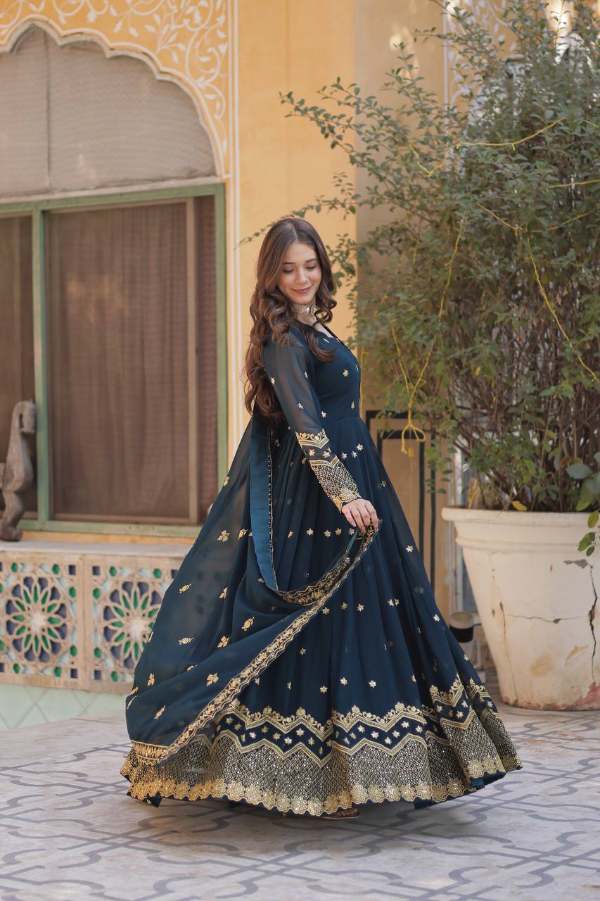 Teal Blue Faux Blooming Georgette With Zari Sequins Embroidery Gown