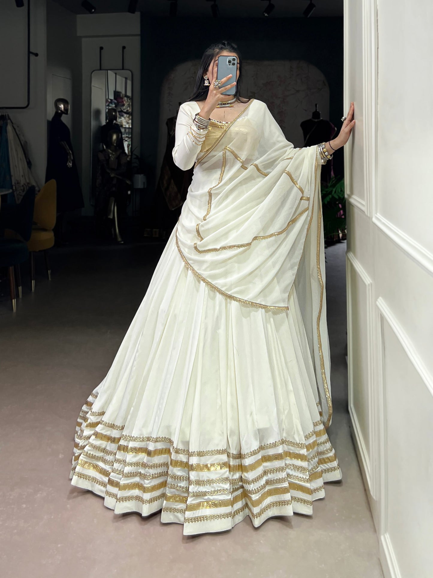 White Pure Rayon Original Mirror With Gotta Patti Work Navaratri Lehenga Choli