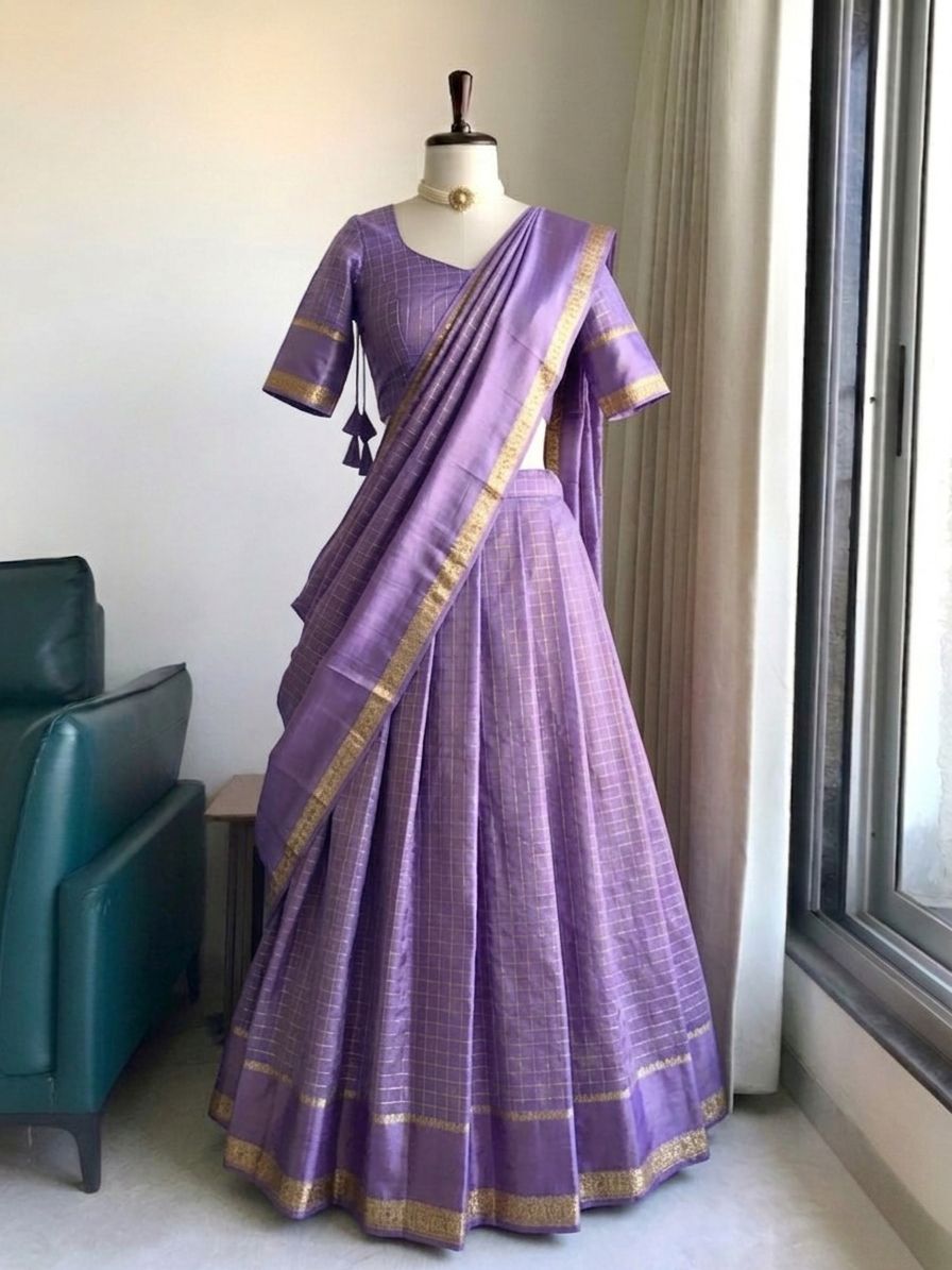Tonal lavender half saree at temple architecture