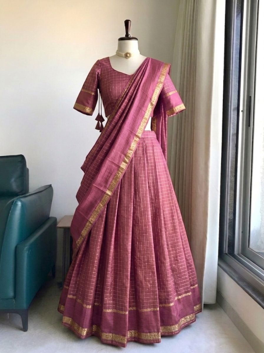 Tonal dusty rose half saree with zari checks weaving