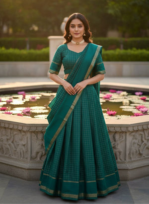 Peacock green lehenga saree with gold zari woven border