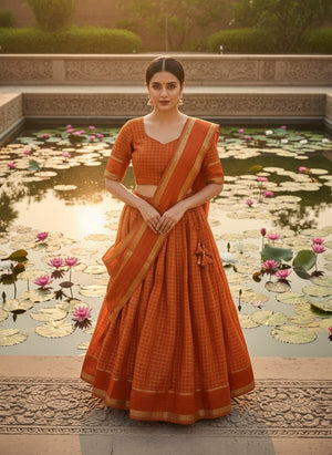 Rust orange half saree lehenga viscose georgette zari checks