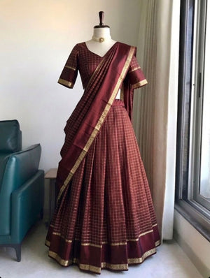 Tonal wine half saree with zari checks weaving lotus pond