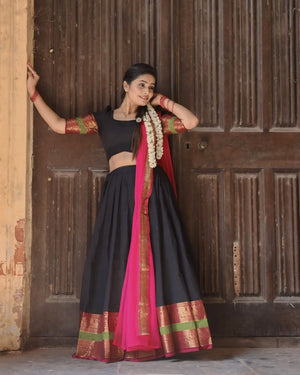 Black and pink half saree lehenga Kanchi cotton zari weaving