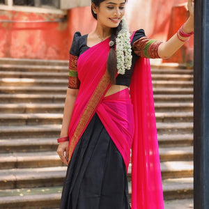 South Indian half saree black rani pink contrast pallu