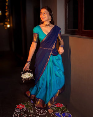 Turquoise and navy blue half saree lehenga Kanchi cotton zari