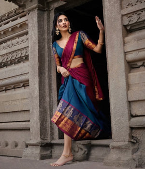 Teal blue and wine half saree lehenga Kanchi cotton zari weaving
