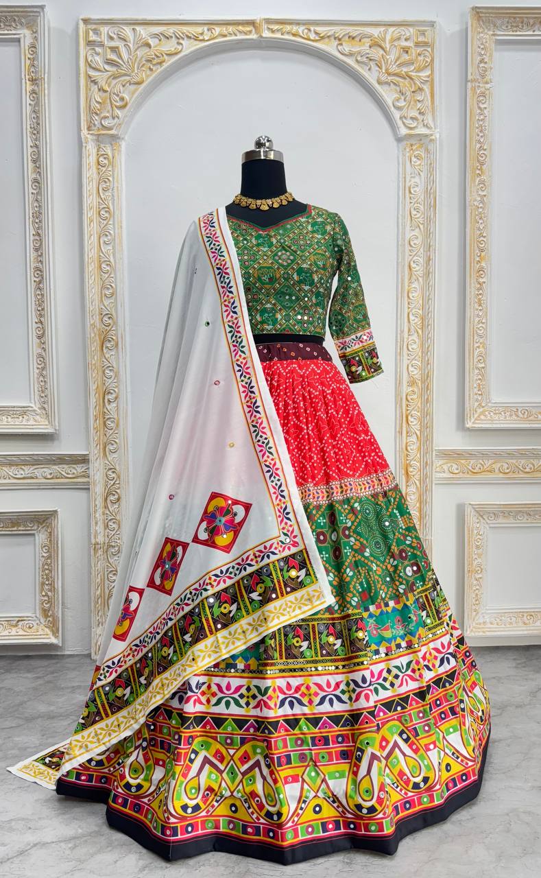 Green Multicolor Fancy Digital Print Real Mirror Work Navaratri Lehenga Choli