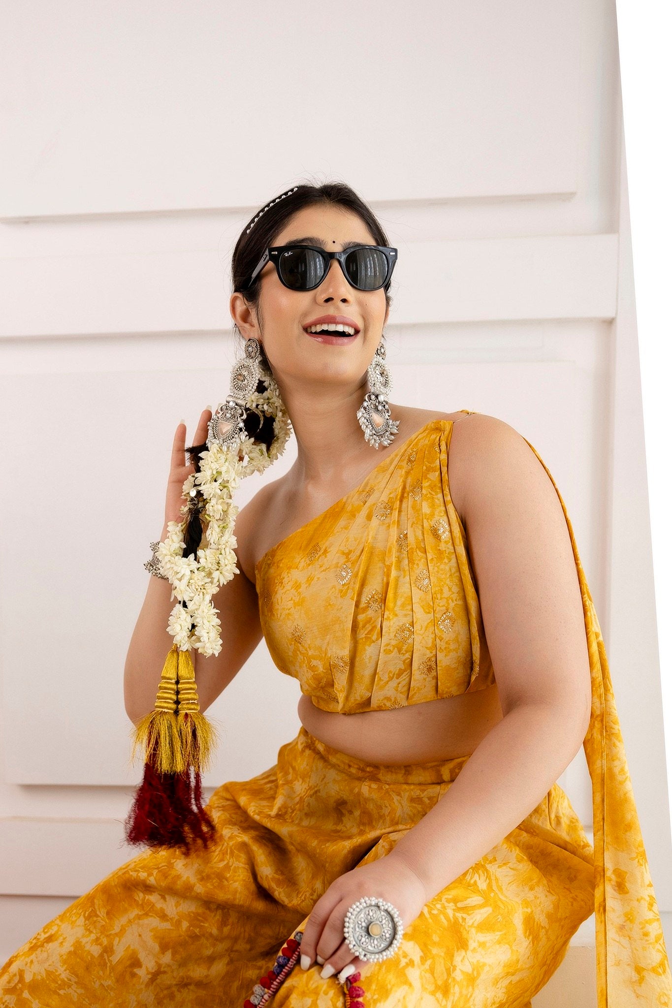 Yellow Tie Viscose Indo-Western Set with Embroidery, Sequence Work & Marble Print