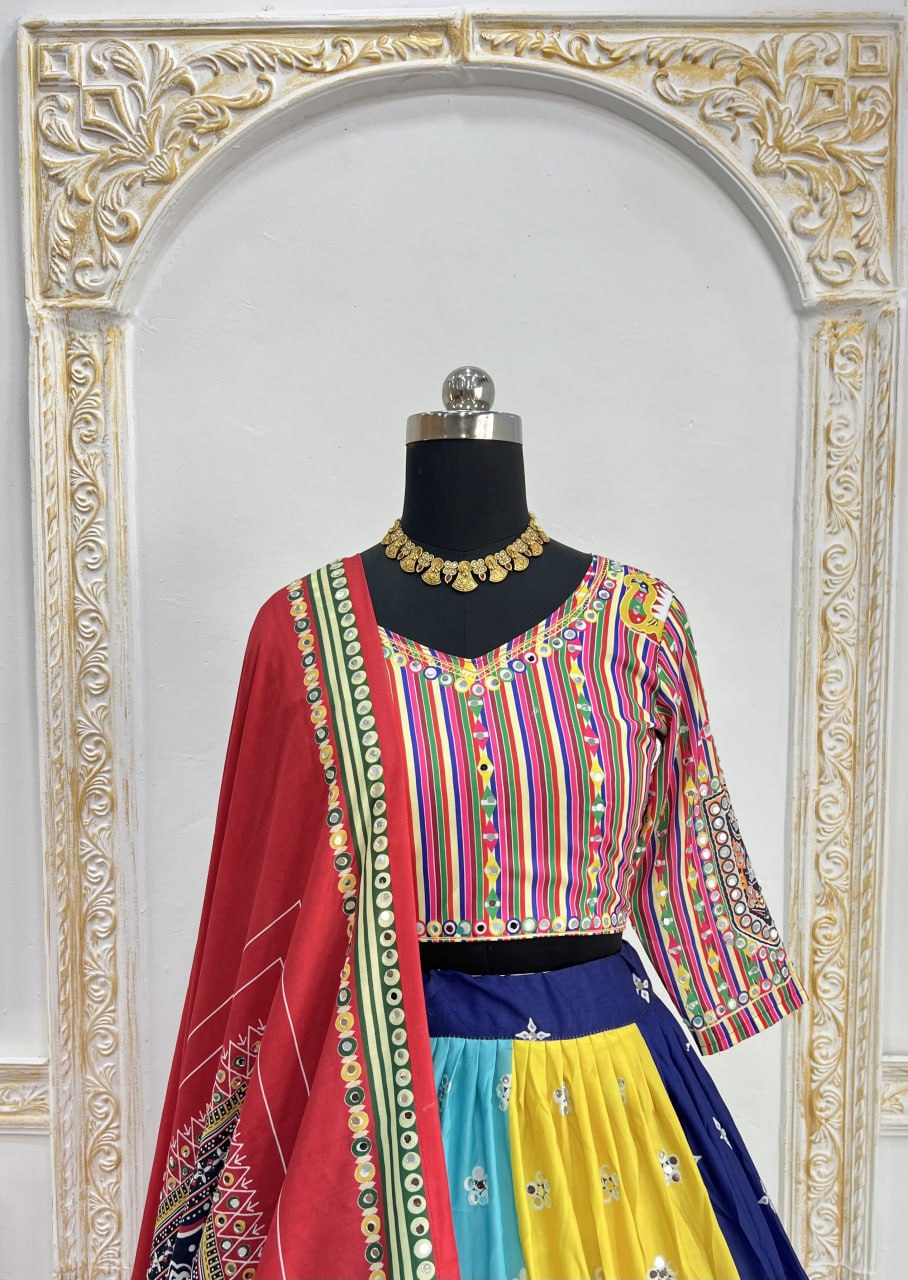 Multicolor Fancy Digital Print Real Mirror Work Navaratri Lehenga Choli