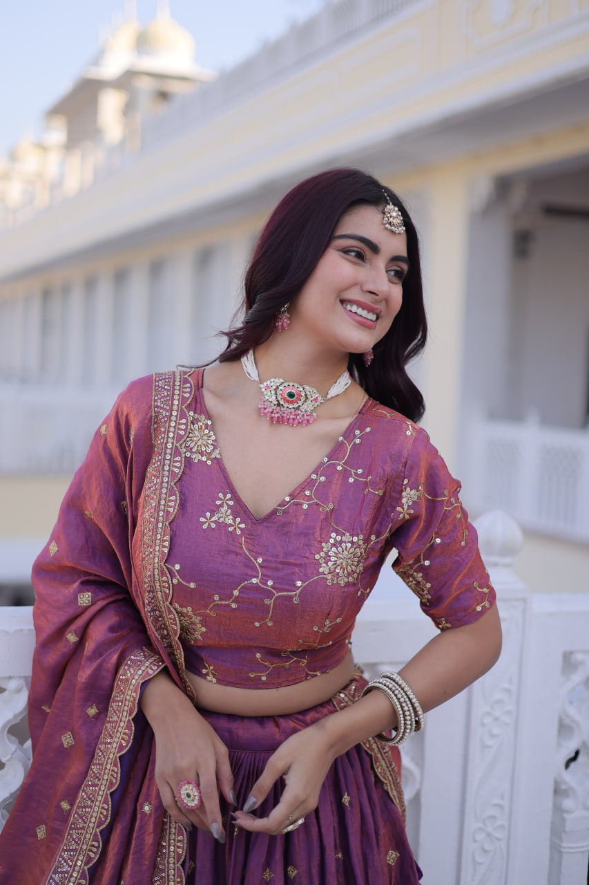 Berry Silk With Sequins Zari Embroidered Work Lehenga Choli