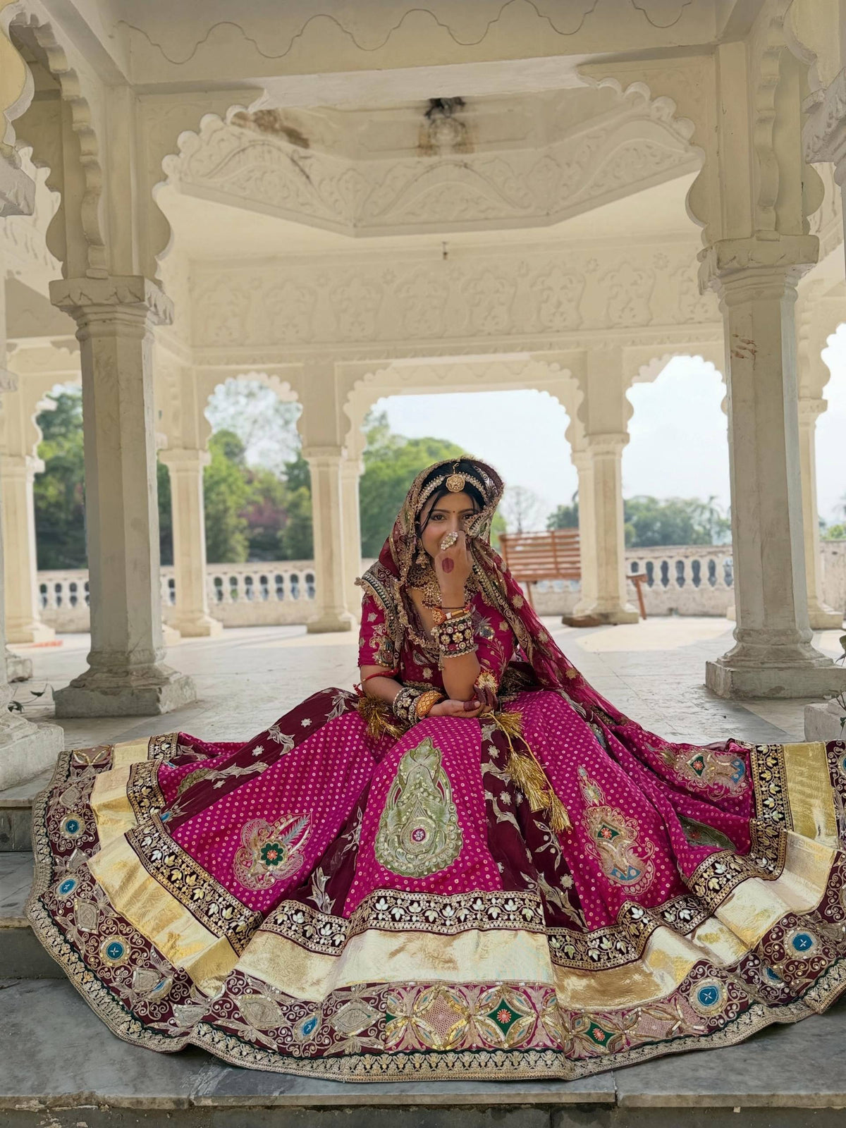 Rani Pink & Maroon Heavy Muslin Cotton With Canvas Patta With Lampi Lace Border & Real Mirror Work Navratri Chaniya Choli Set