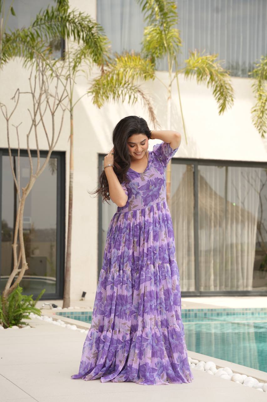 Purple Fully Flair Gown Made With Faux Georgette Fabrics With Print Gown