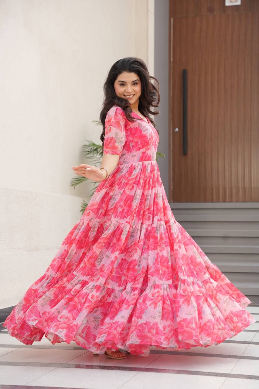 Peach Fully Flair Gown Made With Faux Georgette Fabrics With Print Gown
