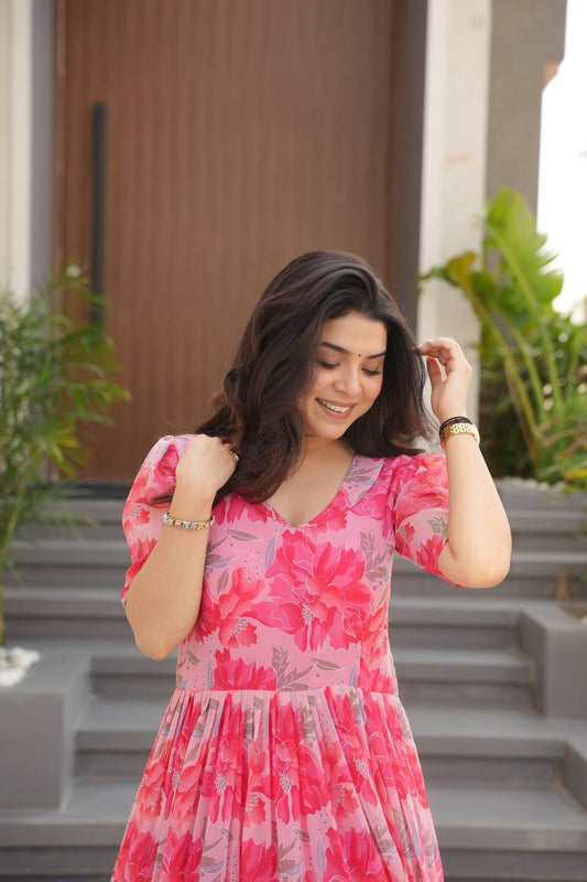 Peach Fully Flair Gown Made With Faux Georgette Fabrics With Print Gown