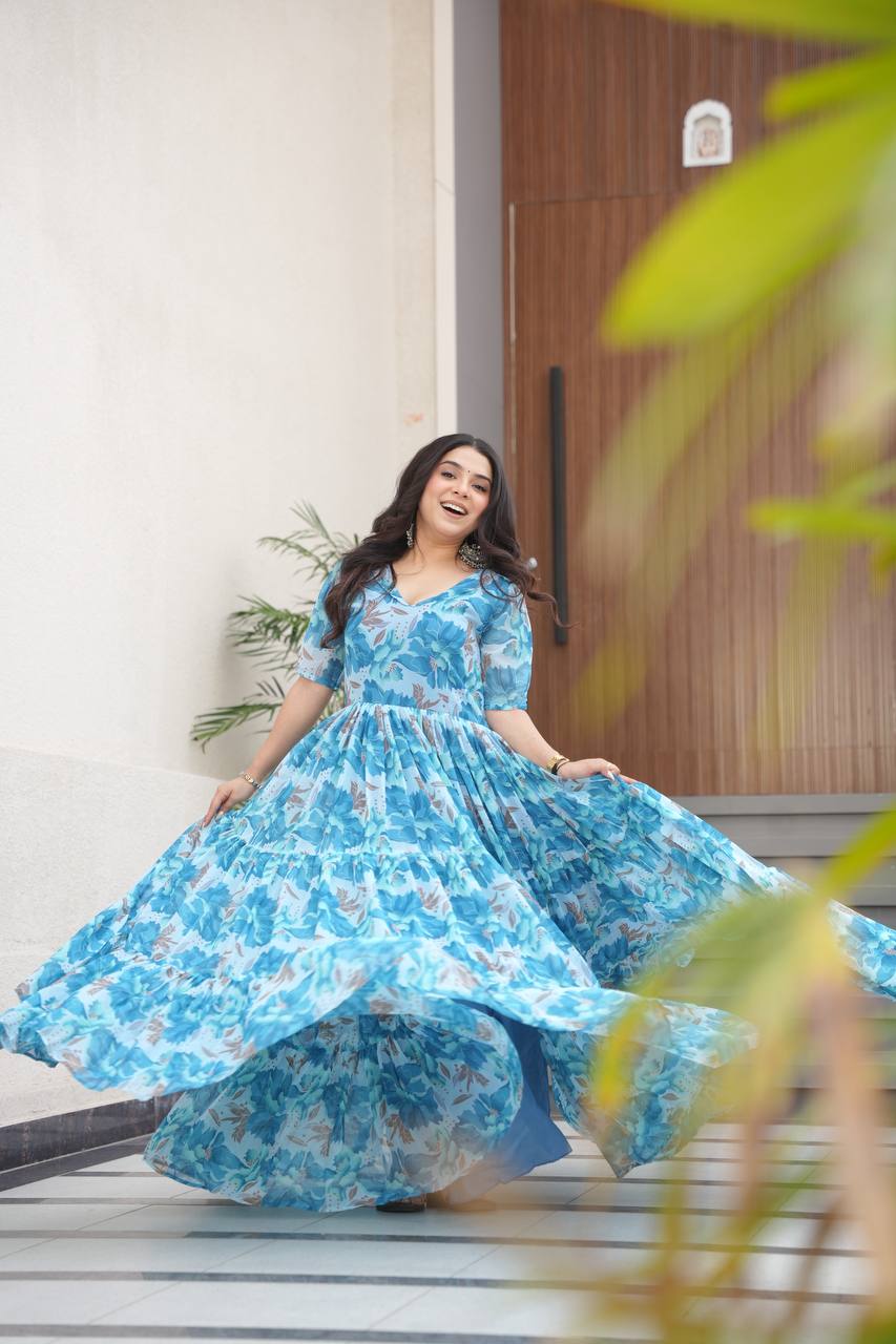 Sky Blue Fully Flair Gown Made With Faux Georgette Fabrics With Print Gown