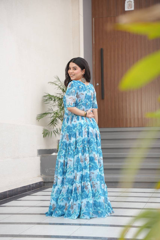Sky Blue Fully Flair Gown Made With Faux Georgette Fabrics With Print Gown