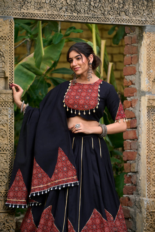 Black Pure Cotton Plain With Printed And Paper Mirror Work Navaratri Lehenga Choli