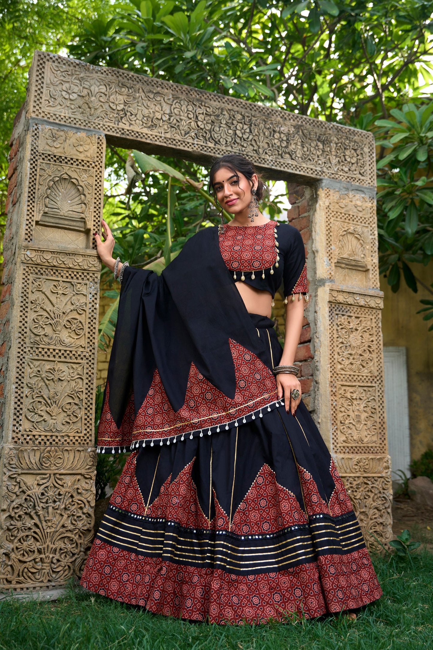 Black Pure Cotton Plain With Printed And Paper Mirror Work Navaratri Lehenga Choli