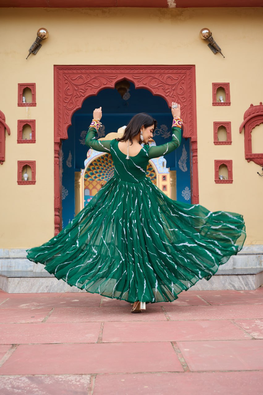 Green Laheriya Print With Kutchi Patchework Navratri Special Gown