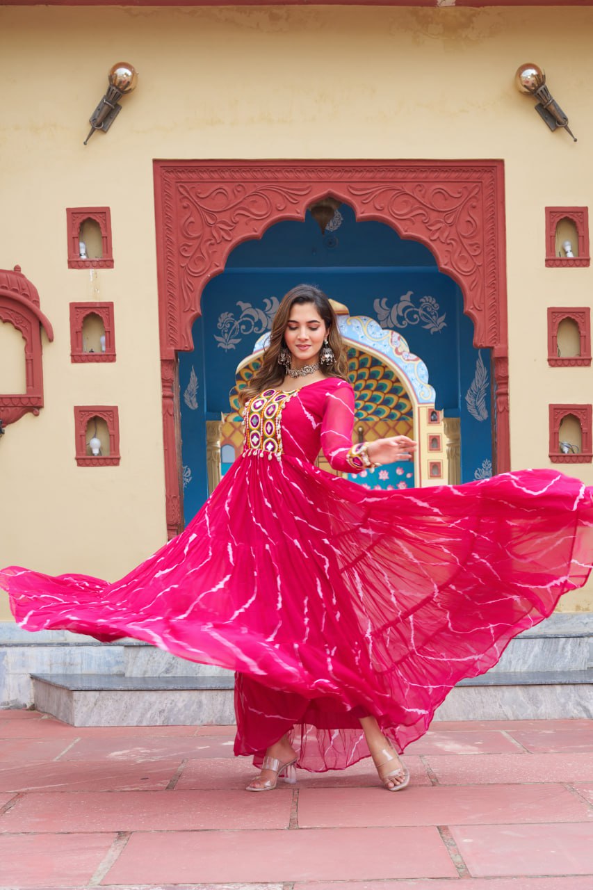 Pink Laheriya Print With Kutchi Patchework Navratri Special Gown